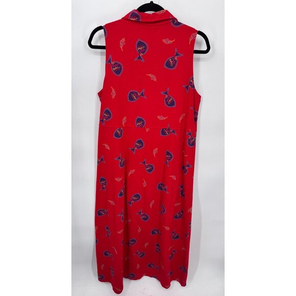 Vintage Zip Code Collared Maxi Dress‎ Womens Large Red Cotton Fish Print Mexico - Picture 5 of 7